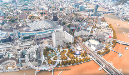 Helicopter view of London Thames and city buildings  in Autumn
