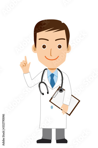 クリップボードを持ち手を上げる笑顔の男性医師のイラスト 全身 白衣 Illustration Of Doctor Wall Mural Globeds