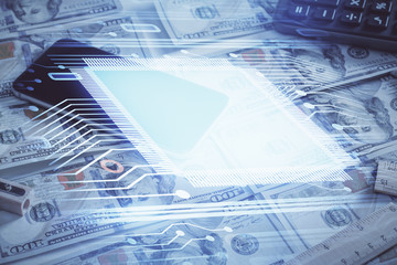 Double exposure of data theme drawing over us dollars bill background. Technology concept.