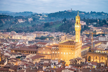 Obraz premium Aerial view of Florence at night, Tuscany, Italy. Piazza Signoria