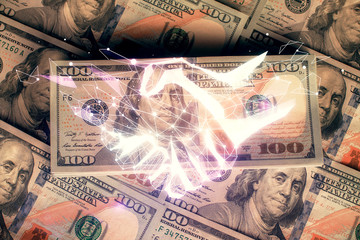 Double exposure of handshake drawing over usa dollars bill background. Partnership concept.