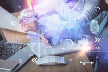 Double exposure of map drawing over people taking notes background. Concept of international connection