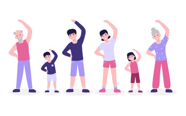 Fototapeta premium Big family do morning fitness exercising, slope. Flat vector cartoon modern illustration isolated white background.