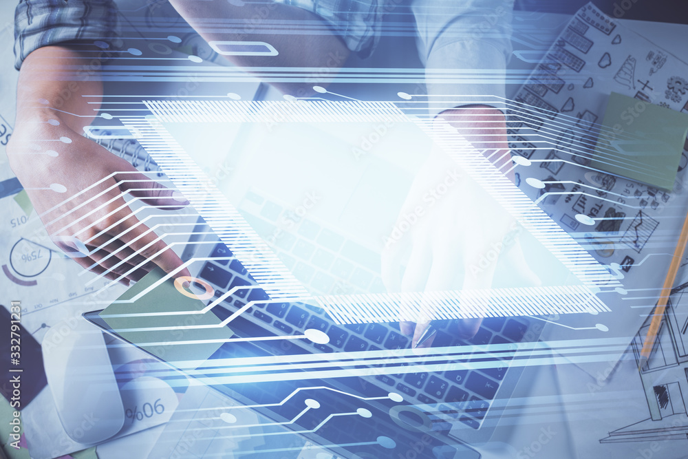 Poster double exposure of man and woman working together and data theme hologram drawing. computer backgrou
