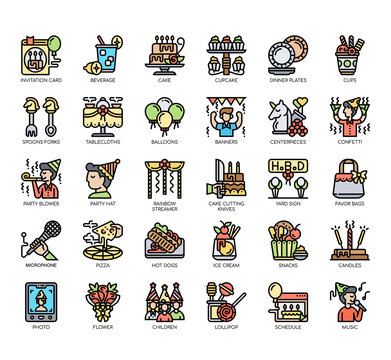 Set of birthday party thin line and pixel perfect icons for any web and app project.