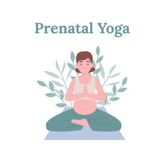 Concept young pregnant woman practicing yoga in lotus pose. Flat vector cartoon modern style illustration.