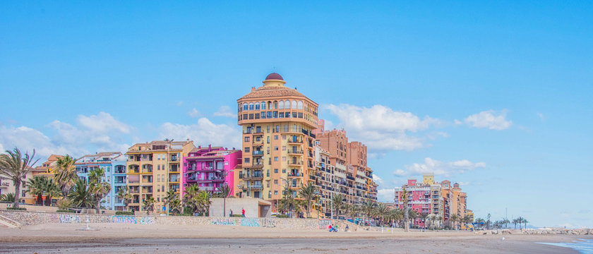 Port Sa Playa, Valencia, Spain - 3/19/2019: Bright sunny day panoramic photo looking at Port Saplaya, Valencia's Little Venice