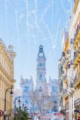 Valencia, Spain - March 19, 2019: Fireworks fired in a Mascleta Fallas during the day