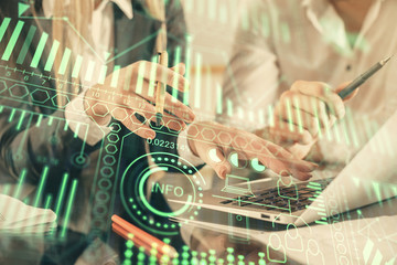 Double exposure of man and woman working together and tech hologram drawing. Technology concept. Computer background.