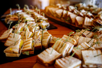 A lot of snacks sandwiches on event catering.