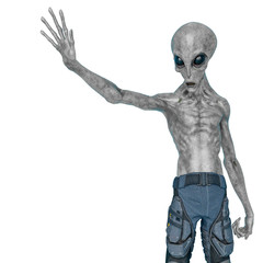 grey alien on military ready to win in white background