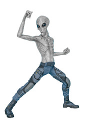 grey alien on military ready to win in white background