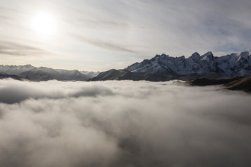 Aerial landscape short after autumn sunrise over the Kurmduk Valley in the vicinity of the Ak-Sai...