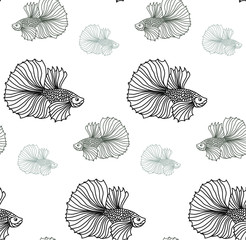 Vector fish pattern. Black and grey fish on a white background. Vector pattern for fabric, notebooks, backgrounds, children's items. Exotic fish vector pattern. Fish of different sizes and shades.
