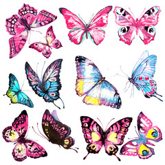 Obraz na płótnie Canvas beautiful color butterflies, set, watercolor, isolated on a white