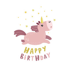 Happy Birthday. Vector illustration. Cute unicorn. Birthday design. Greeting card for a birthday.