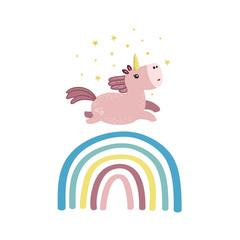 Unicorn on the rainbow. Vector color illustration in flat style. Drawing in cartoon style.