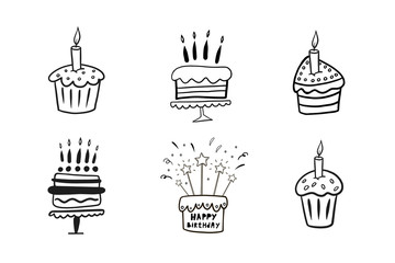 A set of birthday cakes. Birthday cakes. Vector illustration of doodles cakes. Freehand drawing.