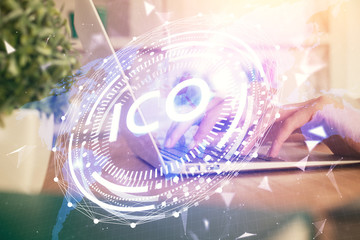 Double exposure of woman hands typing on computer and crypto market theme hologram drawing. Blockchain concept.