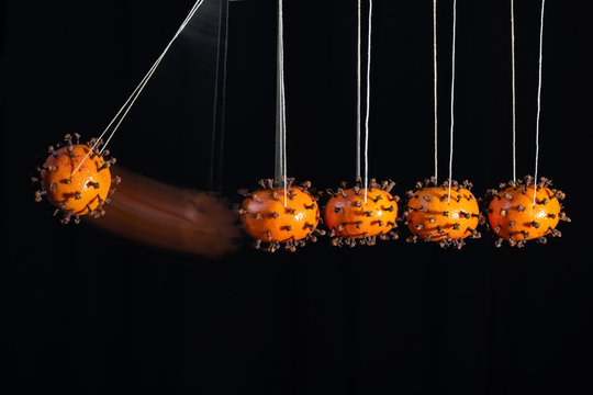 Newton's cradle with coronavirus made from tangerines peppered with cloves to illustrate how the infection is transmitted by contact, motion blur, black background with copy space