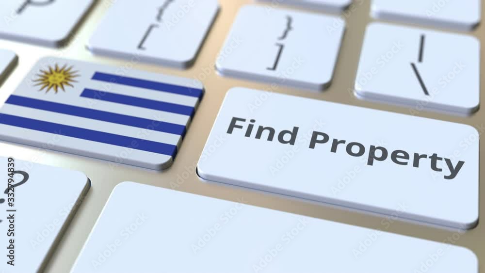 Poster find property text and flag of uruguay on the keyboard. online real estate service related conceptua