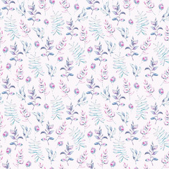 Seamless pattern with  hand painted spring flowers and leaves. Can be used for wallpaper, scrapbooking, textile production, packaging, wrapping paper, blog,fabric. Botanical illustration