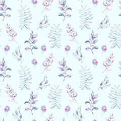 Seamless pattern with  hand painted spring flowers and leaves. Can be used for wallpaper, scrapbooking, textile production, packaging, wrapping paper, blog,fabric. Botanical illustration