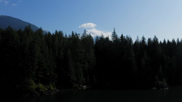Drone flying over forest towards large snowy mountain
