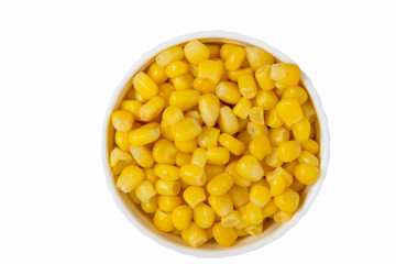 Sweet corn in a bowl isolated on a white background.