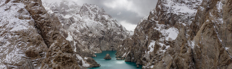 Aerial landcape of the first snow fall at Kol Suu lake.
