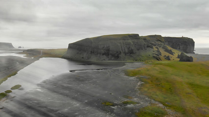 Coastline of Iceland around Reynisfjara Beach, aerial view