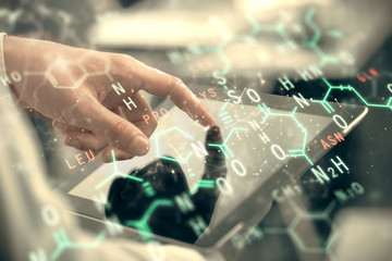 Double exposure of man's hands holding and using a phone and formulas drawing. Education concept.