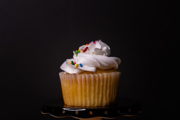 Vanilla cupcake with white icing and colorful sprinkles on a black background