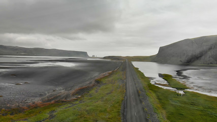 Aerial view of Reynisfjara Beach and surrounding landscape, Iceland