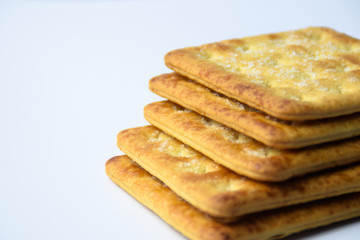 Close up healthy wheat cracker on white background. Cracker biscuit