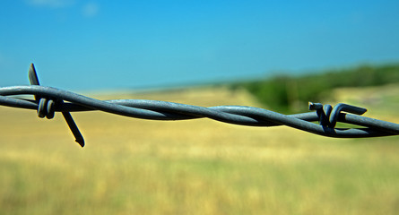 Strong City, Kansas. USA, May 11, 2014  Barbed wire, also known as barb wire, less often bob wire or, in the southeastern United States, bobbed wire, is a type of steel fencing wire constructed with s