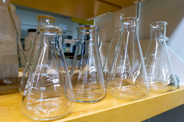 Conical/Erlenmeyer flasks in a laboratory