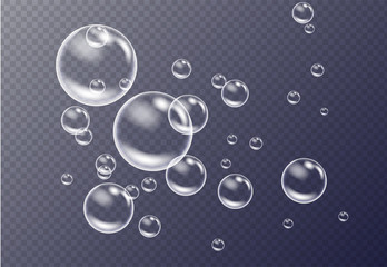 Realistic white water bubbles with reflection on transparent background. Vector illustration