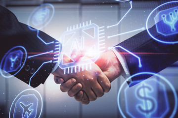 Double exposure of data theme hologram and handshake of two men. Partnership in IT industry concept.