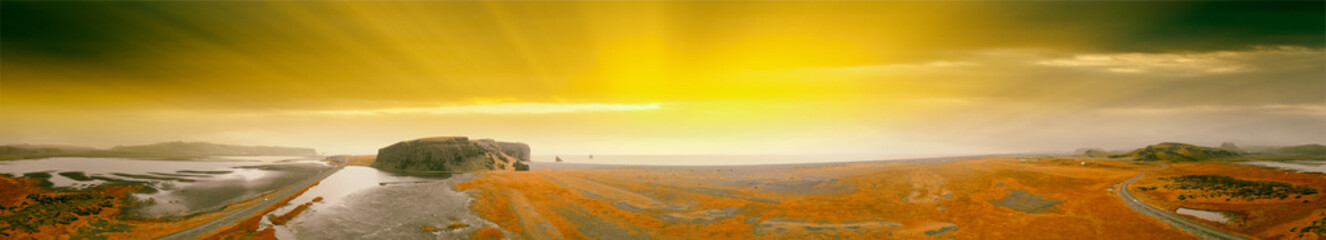 Reynisfjara Beach and mountain landscape at autumn sunset, Iceland