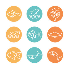 Isolated sea animals line block style icon set vector design