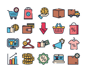 sale and shopping line fill style icon set vector design
