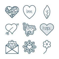 Collage and love line style icon set vector design