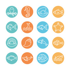 Isolated sea animals line block style icon set vector design