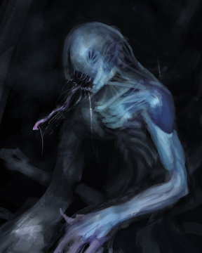 painting of monstrous alien creature with spider legs emerging from a dark cave - digital fantasy illustration