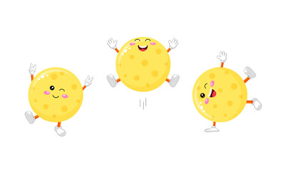 Collection of cute cartoon moon character. Smile, Jump and somersault. Illustration isolated on white background.