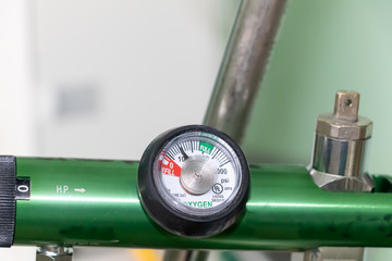 Oxygen manometer close-up, for pulmonary affection with respiratory insufficiency and almost empty...