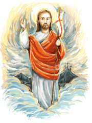Obraz premium calm jesus messiah raising palm of hand in the background - illustration