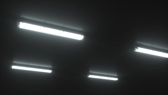 4k shot of white double fluorescent lighting turn on in industrial building. On the ceiling of a dark, cold room. A scary flickering neon light. 3d animation