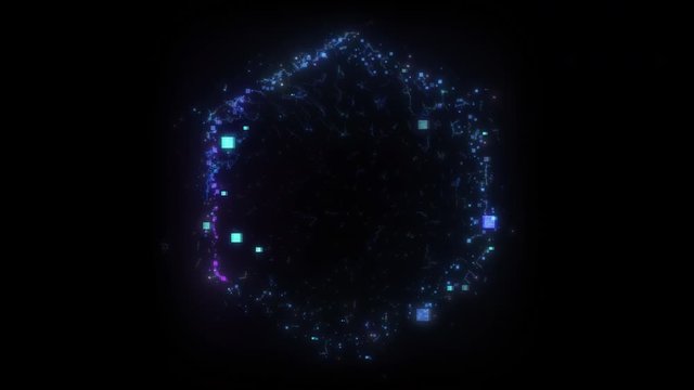 Seamless loop. Animation of a blue hexagonal portal consisting of glitched squares and energy clots isolated on black background with luma matte VFX CG 4k. Space door. Sci-fi. Futuristic.